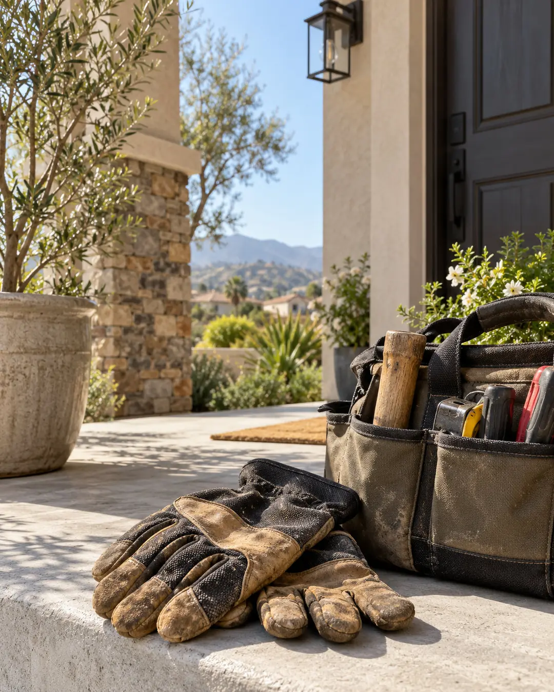 Work gloves and tools by a residential entry