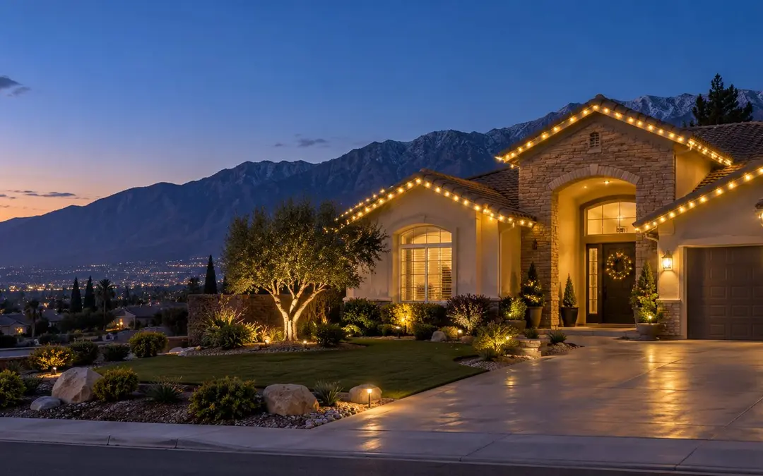 Home roofline illuminated with warm white Christmas lights at dusk