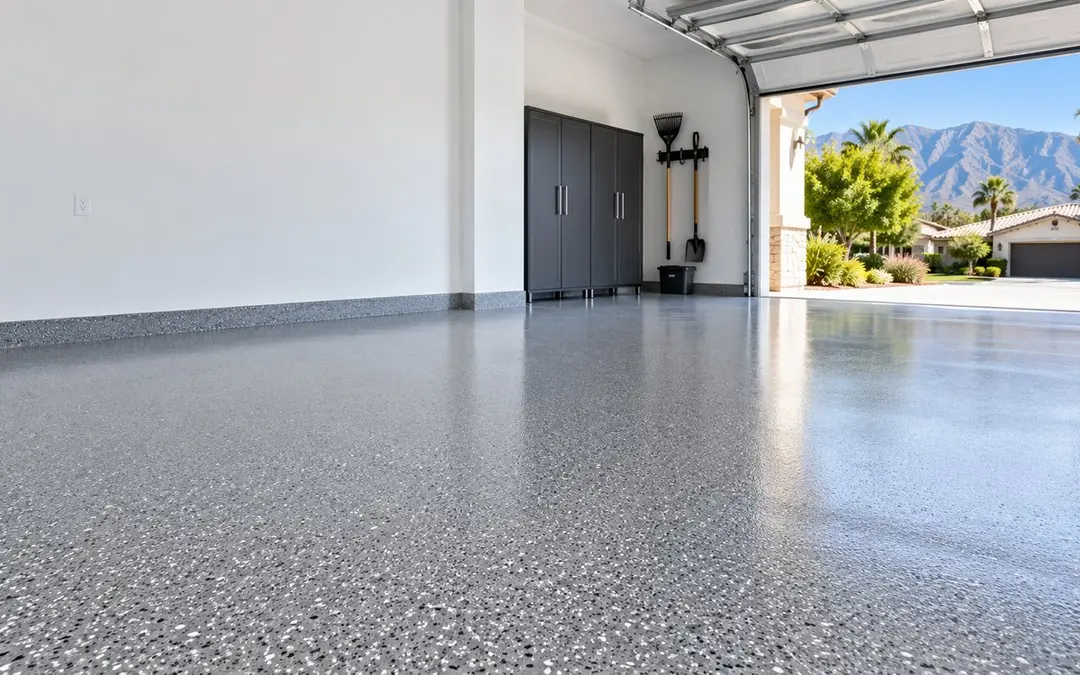 Clean residential garage with a finished gray flake epoxy floor