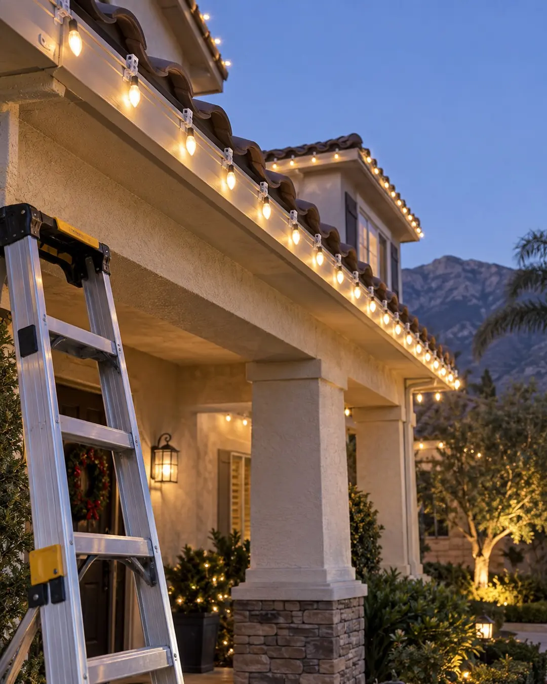 Warm white Christmas lights clipped to a stucco home eave beside a ladder at dusk