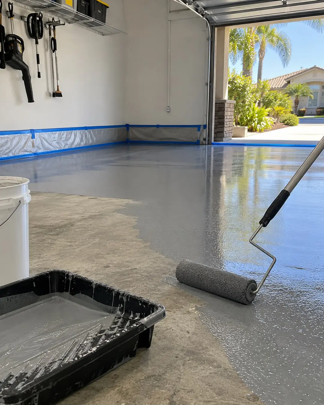 Gray epoxy floor coating being applied with a roller in a residential garage